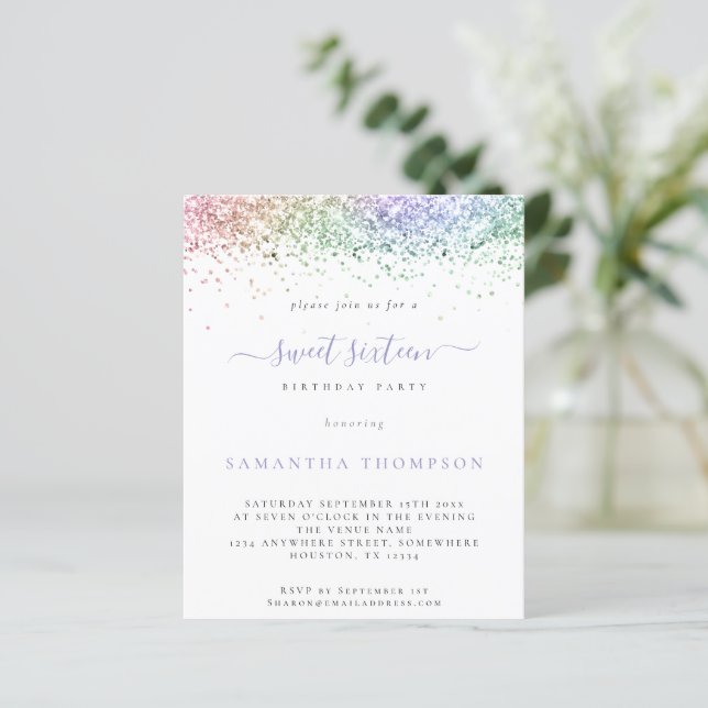 Budget Multicolor Glitter Sweet 16 Invitation (Standing Front)