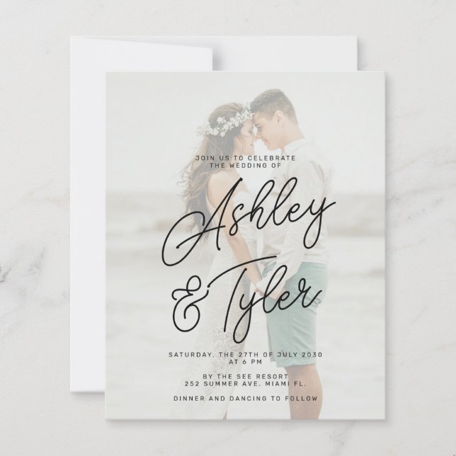 Budget names script overlay photo wedding invite (Front)