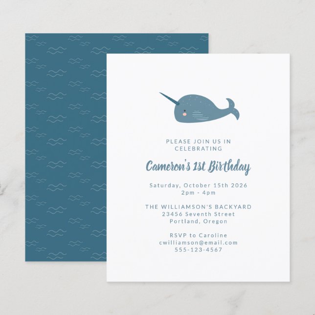 Budget Narwhal Ocean Blue 1st Birthday Invitation (Front/Back)