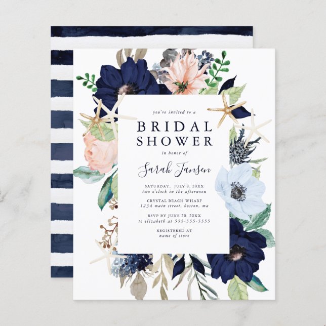 Budget Nautical Blue Floral Bridal Shower Invite (Front/Back)