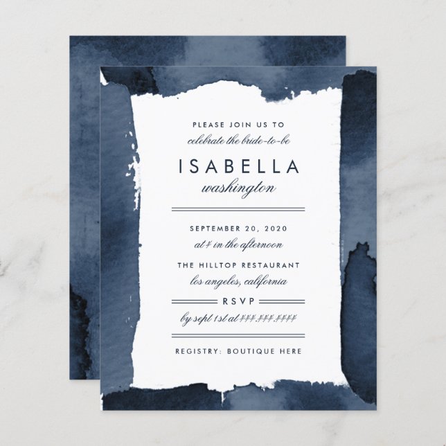 Budget Nautical Navy Blue Watercolor Bridal Shower (Front/Back)
