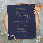 Budget Navy And Gold Hearts Script Wedding Invite<br><div class="desc">This elegant budget wedding invitation can be personalised with your celebration details set in chic gold typography on a navy blue background. Designed by Thisisnotme©</div>