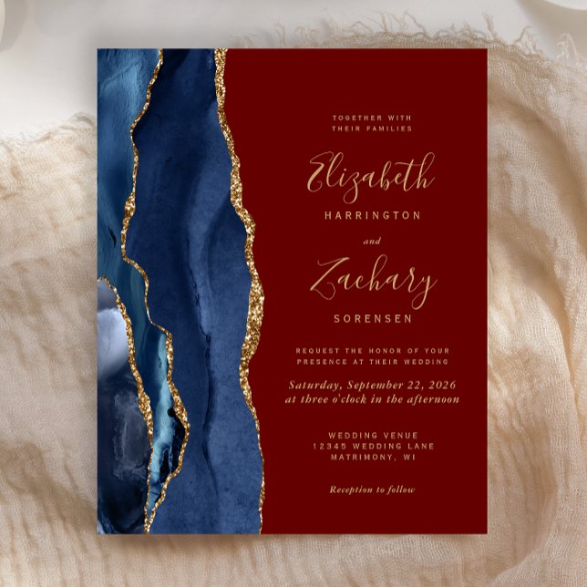Budget Navy Blue Agate Burgundy Wedding Invitation (Creator Uploaded)