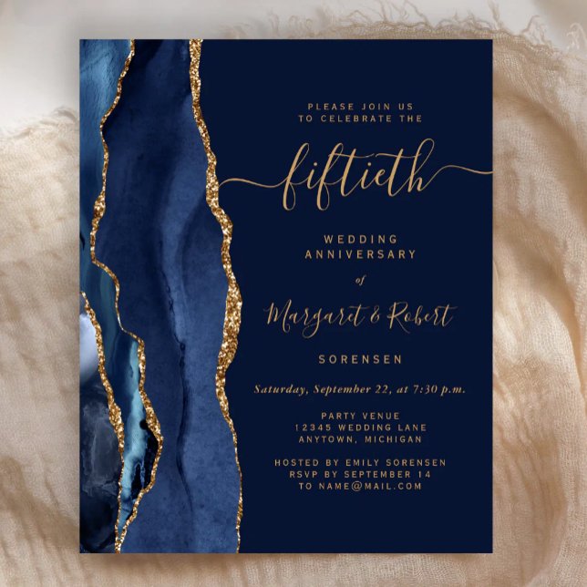 Budget Navy Blue Agate Gold 50th Anniversary Party (Creator Uploaded)