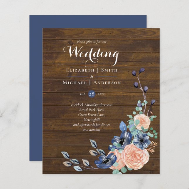 Budget Navy Blue and Coral Wedding Woodland (Front/Back)
