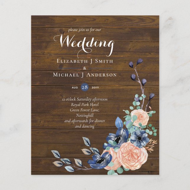 Budget Navy Blue and Coral Wedding Woodland Flyer (Front)
