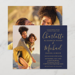 Budget Navy Blue And Gold Photo Wedding Invitation