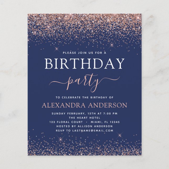 Budget Navy Blue Birthday Rose Gold Pink Glitter F Flyer (Front)