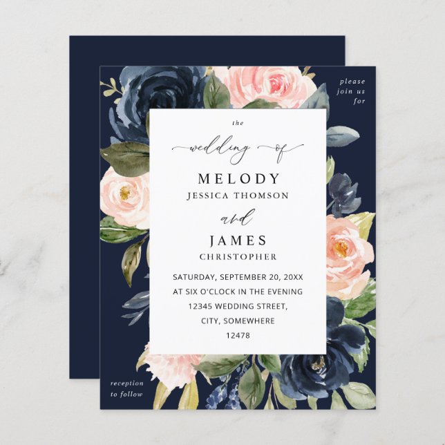 Budget Navy Blue & Blush Pink Floral Wedding Fall (Front/Back)
