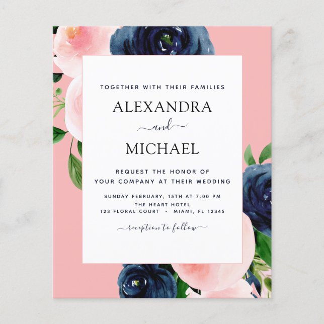 Budget Navy Blue Blush Pink Floral Wedding Flyer (Front)