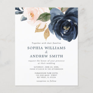 Budget Navy Blue & Blush Pink Wedding Invitation