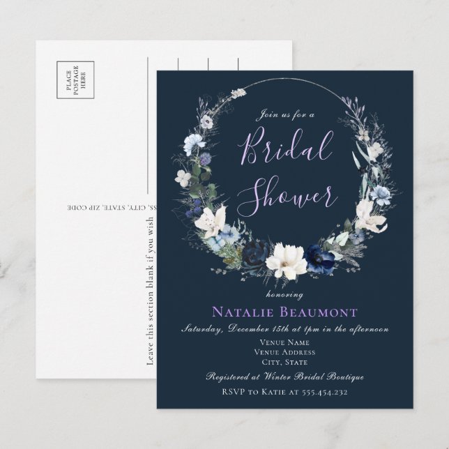 Budget Navy Blue Botanical Floral Bridal Shower Invitation Postcard (Front/Back)