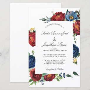 Budget Navy Blue Burgundy Red Wedding Invitation