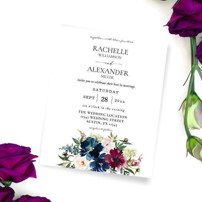 Budget Navy Blue, Burgundy & White Floral Wedding Flyer (Creator Uploaded)