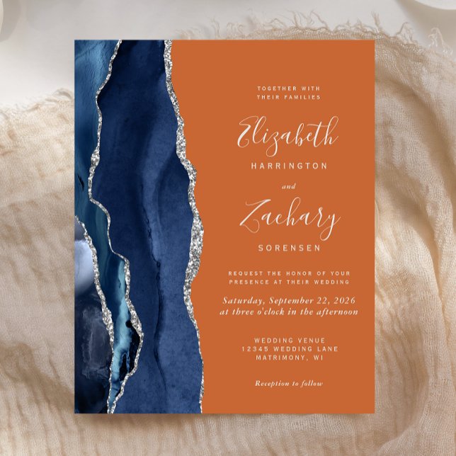 Budget Navy Blue Burnt Orange Wedding Invitation (Creator Uploaded)