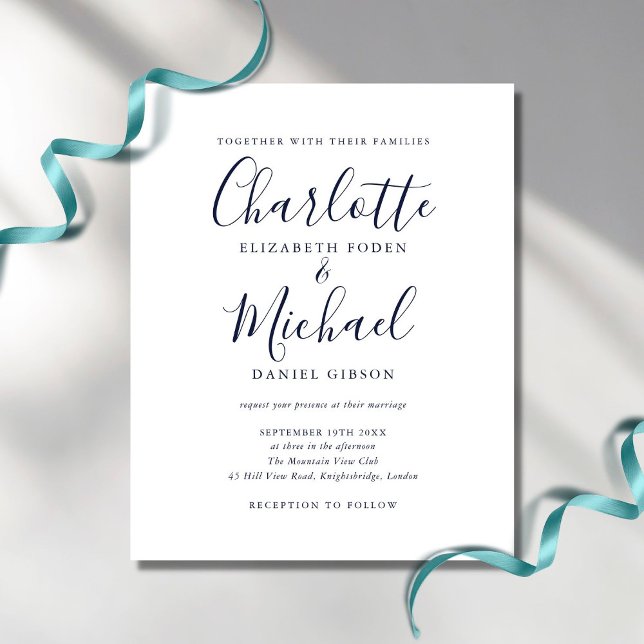Budget Navy Blue Chic Script Wedding Invitation (Creator Uploaded)