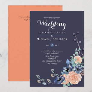 Budget Navy Blue Coral Floral Wedding Invites