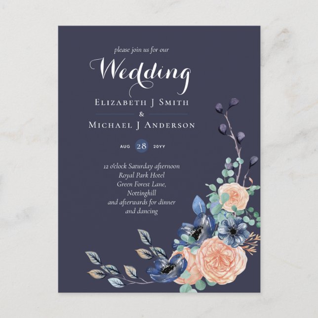 Budget Navy Blue Coral Floral Wedding Invites Postcard (Front)