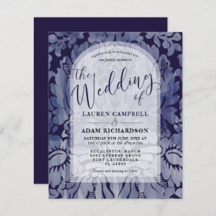 Budget Navy Blue Damask Arch Wedding Invitation