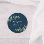 Budget navy blue eucalyptus foliage wedding favour classic round sticker<br><div class="desc">Beautiful delicate eucalyptus foliage wedding favour sticker design. Modern elegant on trend sage green,  black,  navy blue and white stylish contemporary rustic collection. Ideal for spring,  summer,  fall,  autumn or winter weddings.</div>