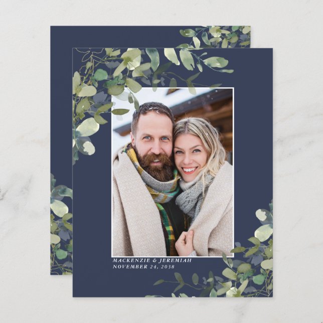 Budget Navy Blue Eucalyptus Photo Save the Date (Front/Back)