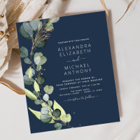 Budget Navy Blue Eucalyptus Wedding Invitations