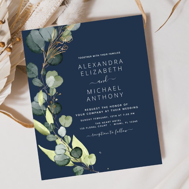 Budget Navy Blue Eucalyptus Wedding Invitations (Creator Uploaded)
