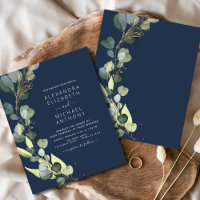 Budget Navy Blue Eucalyptus Wedding Invitations