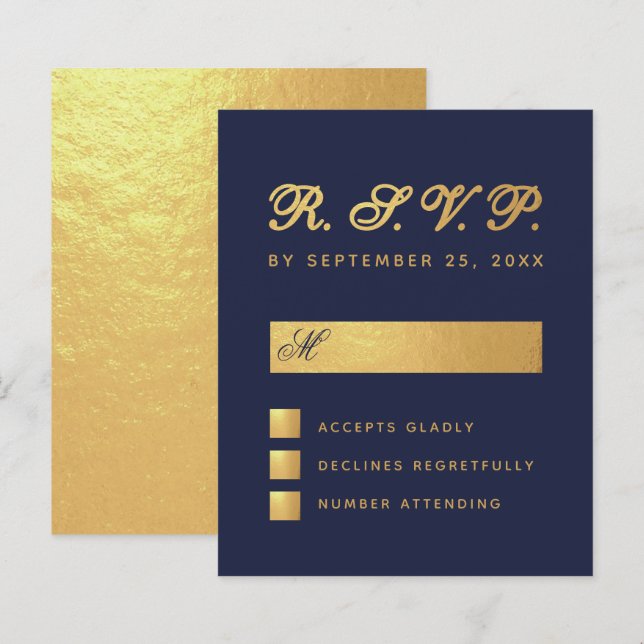 Budget Navy Blue Faux Gold Script Wedding RSVP (Front/Back)