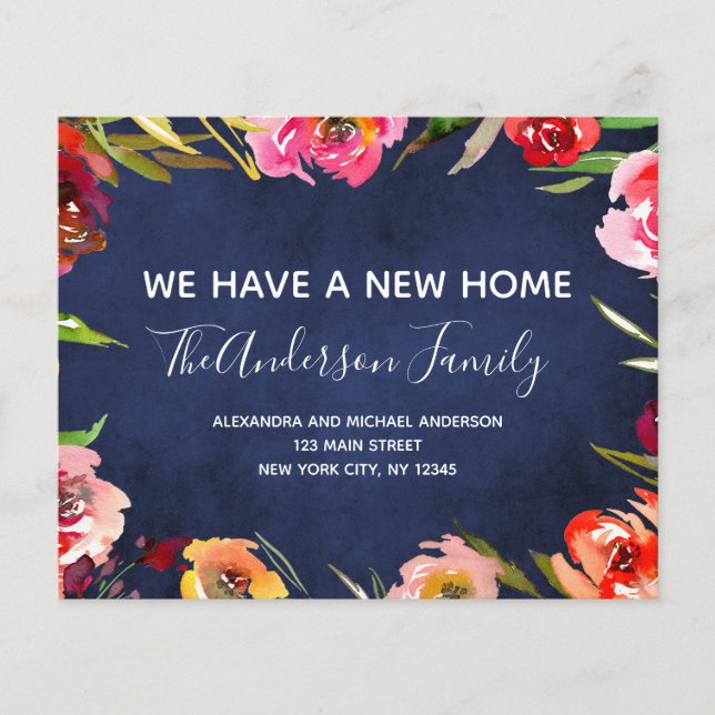 Budget Navy Blue Floral Moving Announcement (Front)