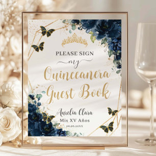 Budget Navy Blue Floral Quinceanera 16 Guest Book
