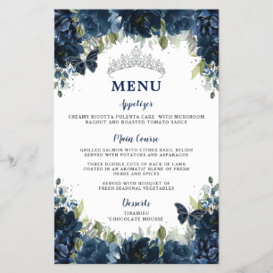 Budget Navy Blue Floral Sweet 16 Quinceañera Menu