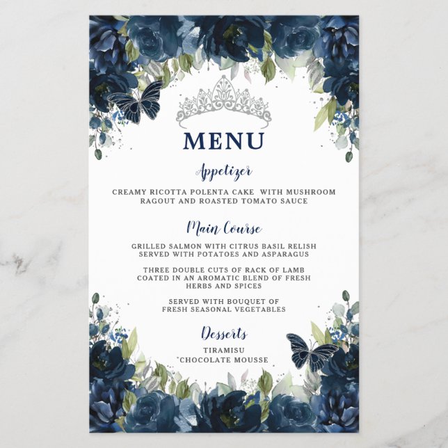 Budget Navy Blue Floral Sweet 16 Quinceañera Menu (Front)