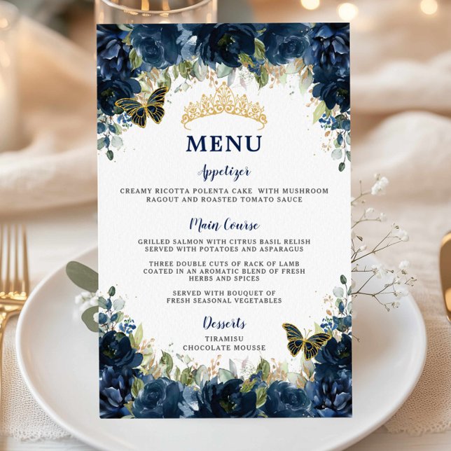 Budget Navy Blue Floral Sweet 16 Quinceañera Menu (navy-blue-floral-butterflies-gold-tiara-quinceanera-sweet-16-birthday-party-cheap-budget-menu-sheets)