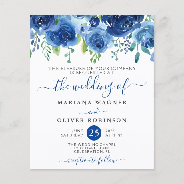 Budget Navy Blue Floral Wedding Invitation (Front)