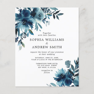 Budget Navy Blue Flowers Indigo Wedding Invitation