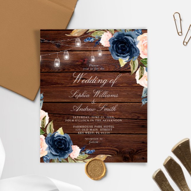 Budget Navy Blue Flowers Rustic Wedding Invitation (Creator Uploaded)