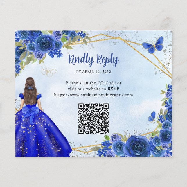 Budget Navy Blue Glam Gold Floral Princess QR RSVP (Front)