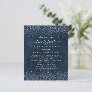 Budget Navy Blue Glitter Girly 21st Party Invite