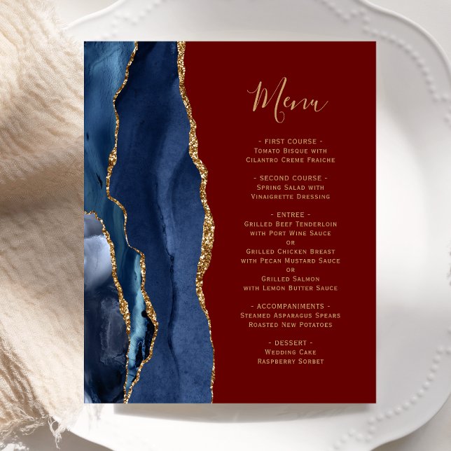 Budget Navy Blue Gold Agate Burgundy Wedding Menu (Creator Uploaded)
