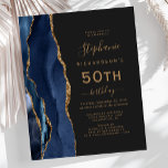Budget Navy Blue Gold Agate Dark 50th Birthday<br><div class="desc">The left-hand edge of this elegant modern 50th birthday party invitation features a navy blue watercolor agate border trimmed with gold faux glitter. The customisable text combines gold-coloured handwriting,  copperplate and italic fonts on a slate black background. The reverse side features a matching navy blue and gold agate design.</div>