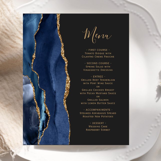 Budget Navy Blue Gold Agate Dark Wedding Menu (Creator Uploaded)