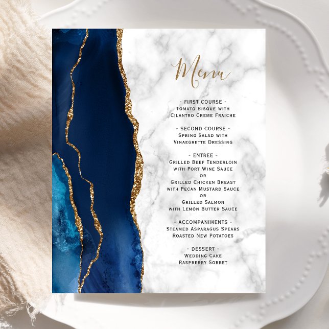 Budget Navy Blue Gold Agate Marble Wedding Menu (Creator Uploaded)