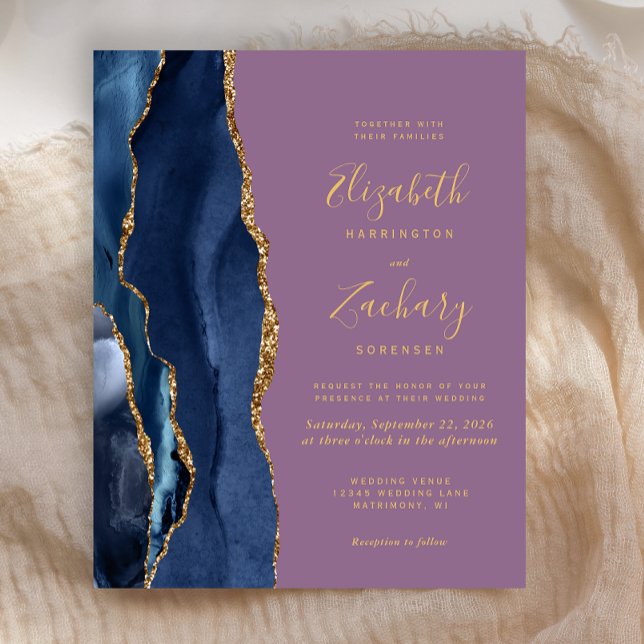 Budget Navy Blue Gold Agate Mauve Wedding Invite (Creator Uploaded)
