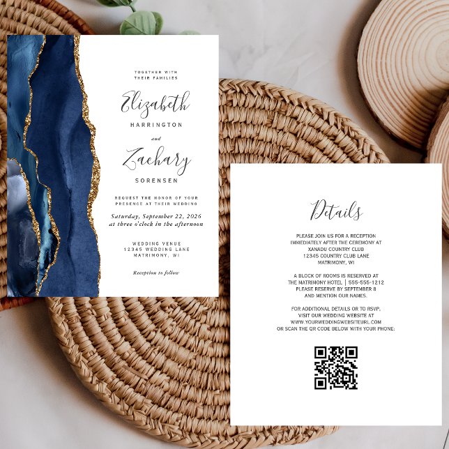 Budget Navy Blue Gold Agate QR Code Wedding Invite (Creator Uploaded)