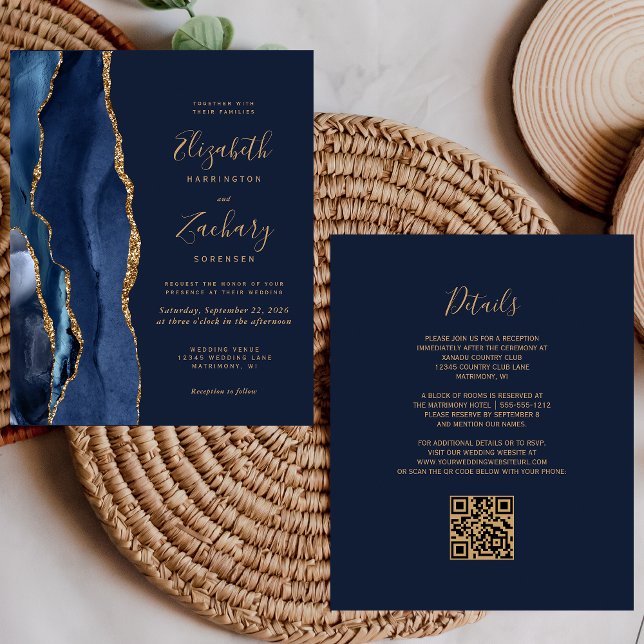 Budget Navy Blue Gold Agate QR Code Wedding Invite (Creator Uploaded)