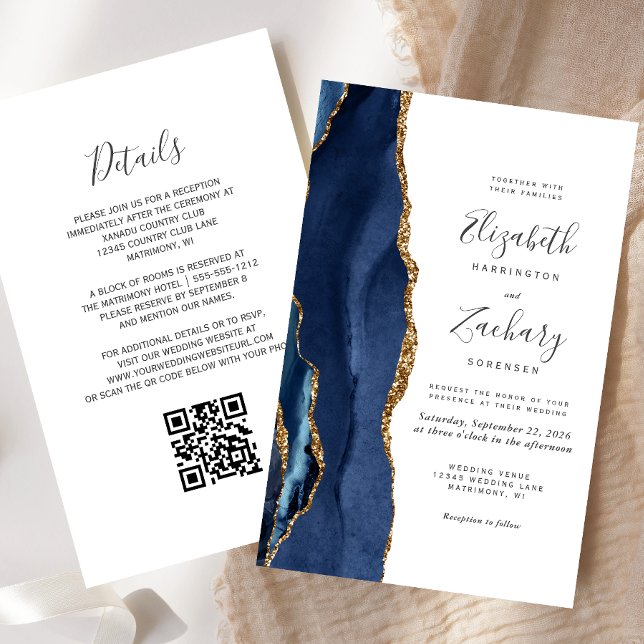 Budget Navy Blue Gold Agate QR Code Wedding Invite (Creator Uploaded)