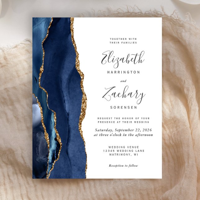 Budget Navy Blue Gold Agate Wedding Invitation (Creator Uploaded)