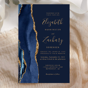 Budget Navy Blue Gold Agate Wedding Invitation