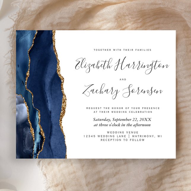Budget Navy Blue Gold Agate Wedding Invitation (Creator Uploaded)